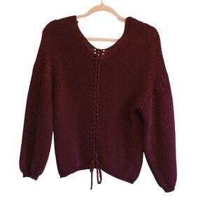 Womens Knit Pullover Sweater Drawstring Waist V Neck‎ Long Sleeve Burgundy wine
